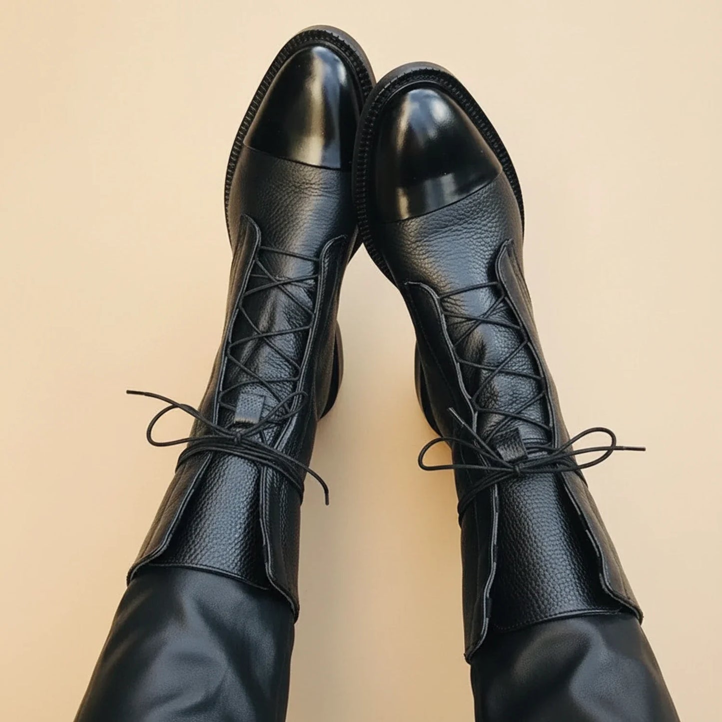 Luvrefashion | Leather Ankle Boots for with Lace Up Design in Black - front view