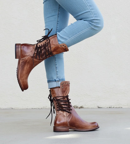 Luvrefashion | Ladies' Lace Up Booties in Brown - side view