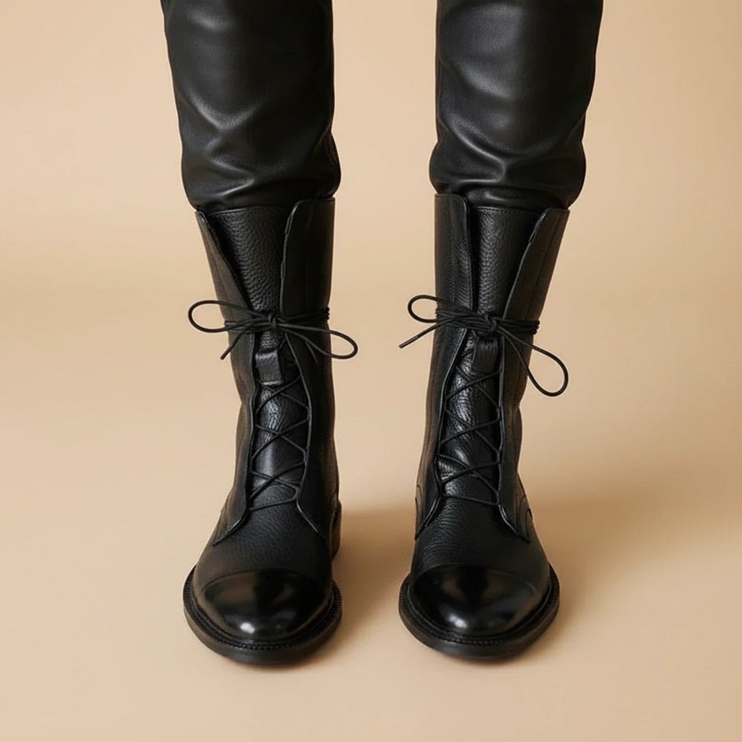 Luvrefashion | Leather Ankle Boots for with Lace Up Design in Black - side view