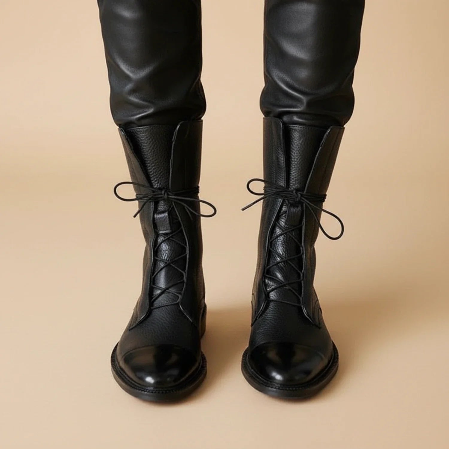 Luvrefashion | Leather Ankle Boots for with Lace Up Design in Black - side view