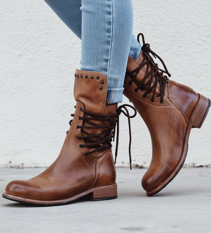 Luvrefashion | Ladies' Lace Up Booties in Brown - front view