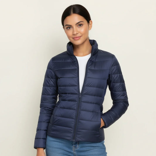 Ladies' Ultra Light Quilted Jacket in Navy Blue - front view