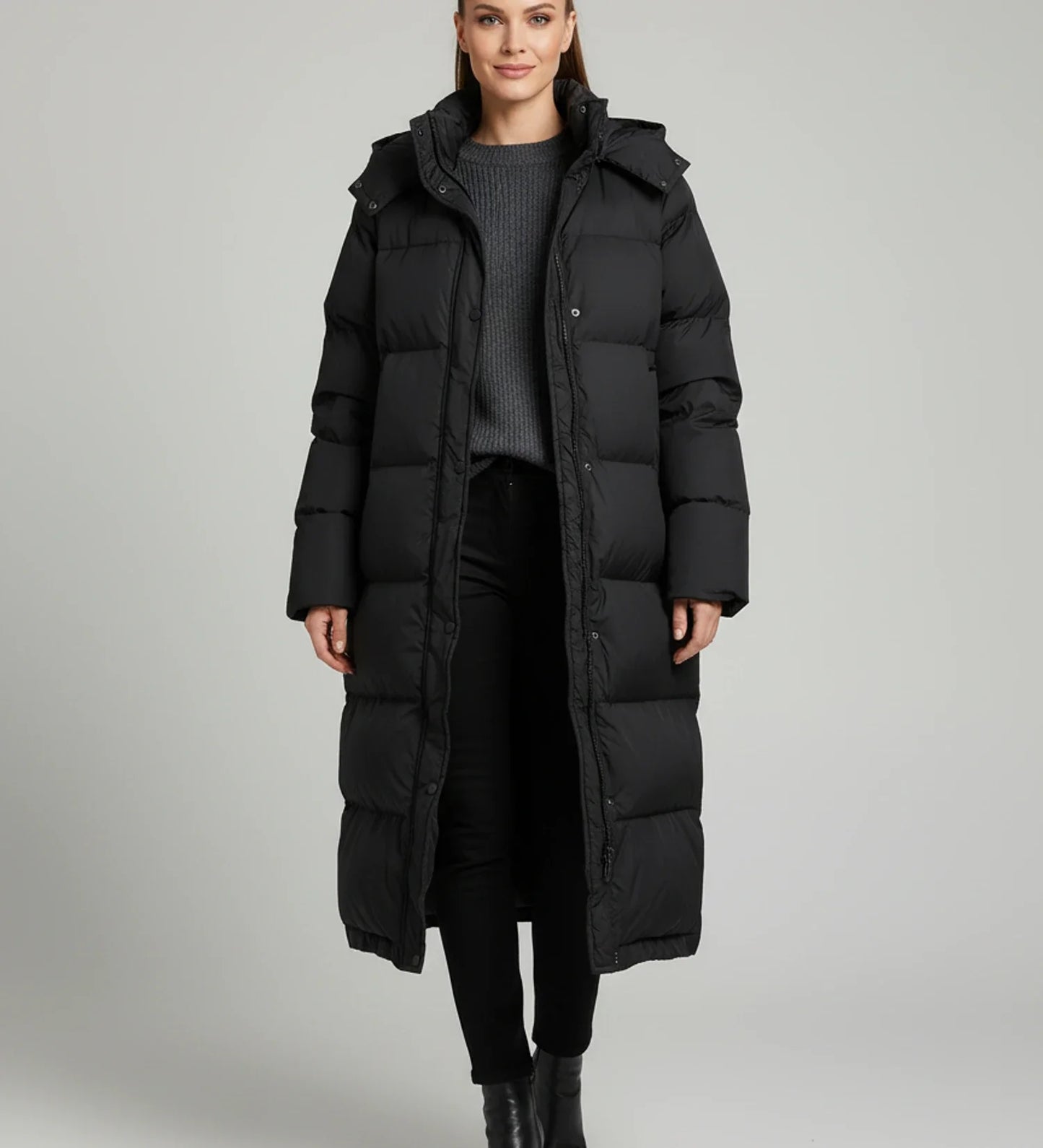 Luvrefashion | Long Hooded Puffer Jacket for in Black - front view