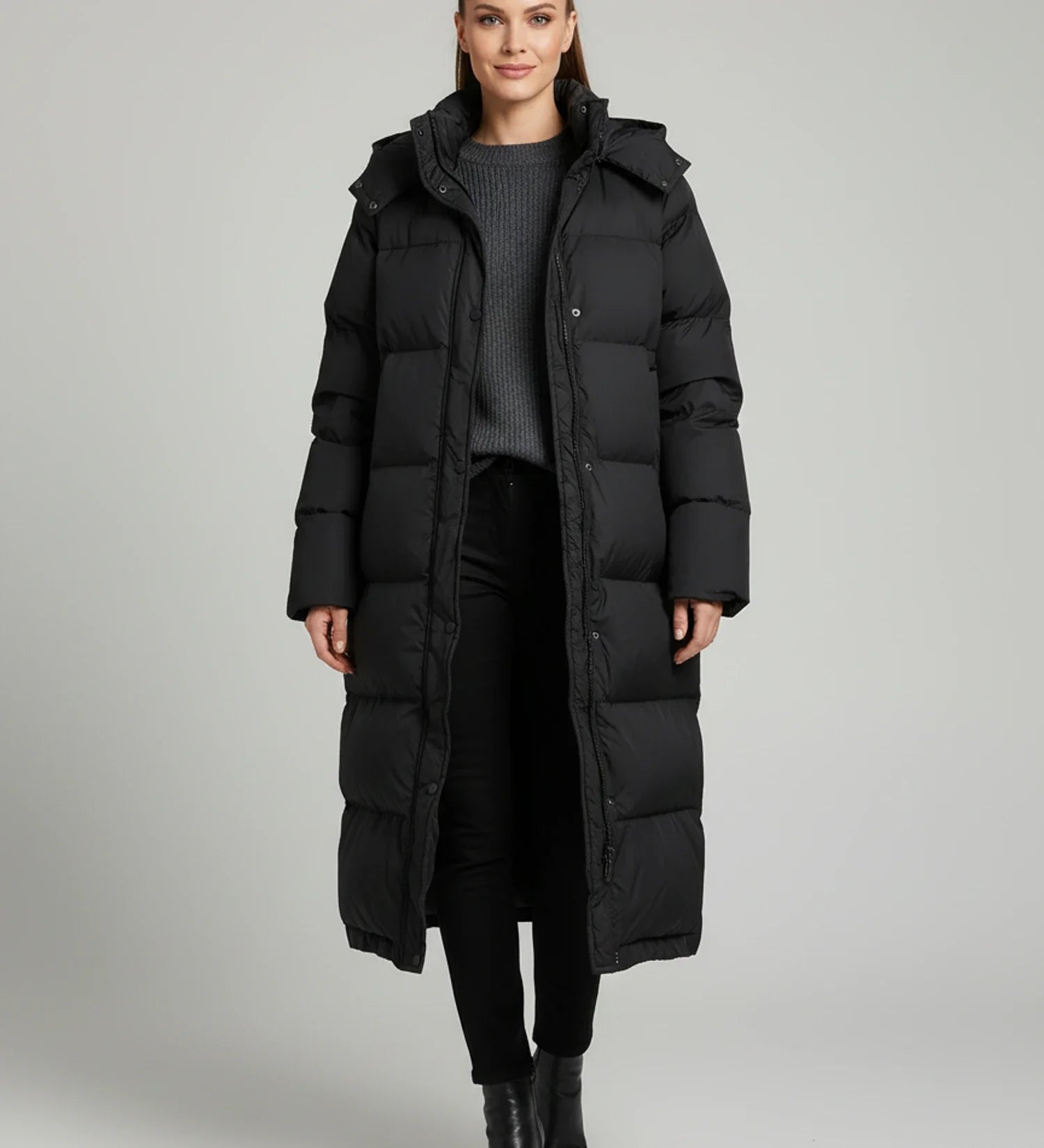 Luvrefashion | Long Hooded Puffer Jacket for in Black - front view