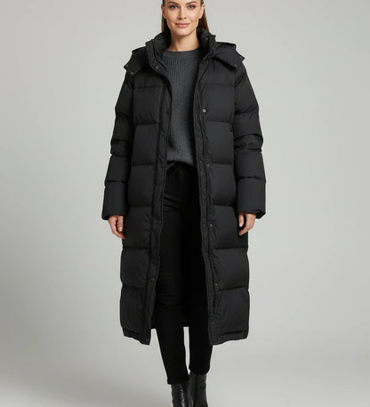 Luvrefashion | Long Hooded Puffer Jacket for in Black - front view