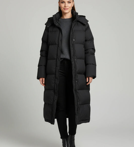 Long Hooded Puffer Jacket for in Black - front view