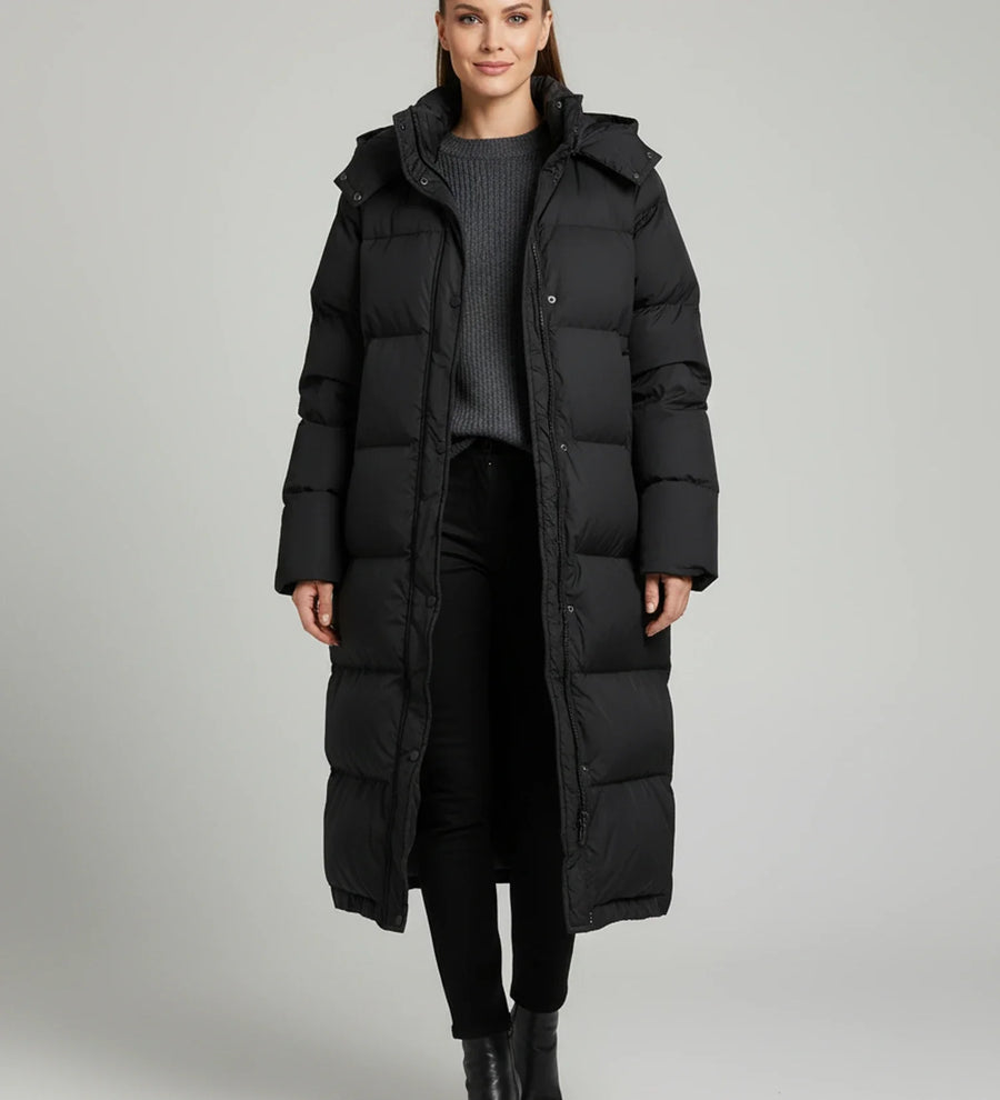 Luvrefashion | Long Hooded Puffer Jacket for in Black - front view