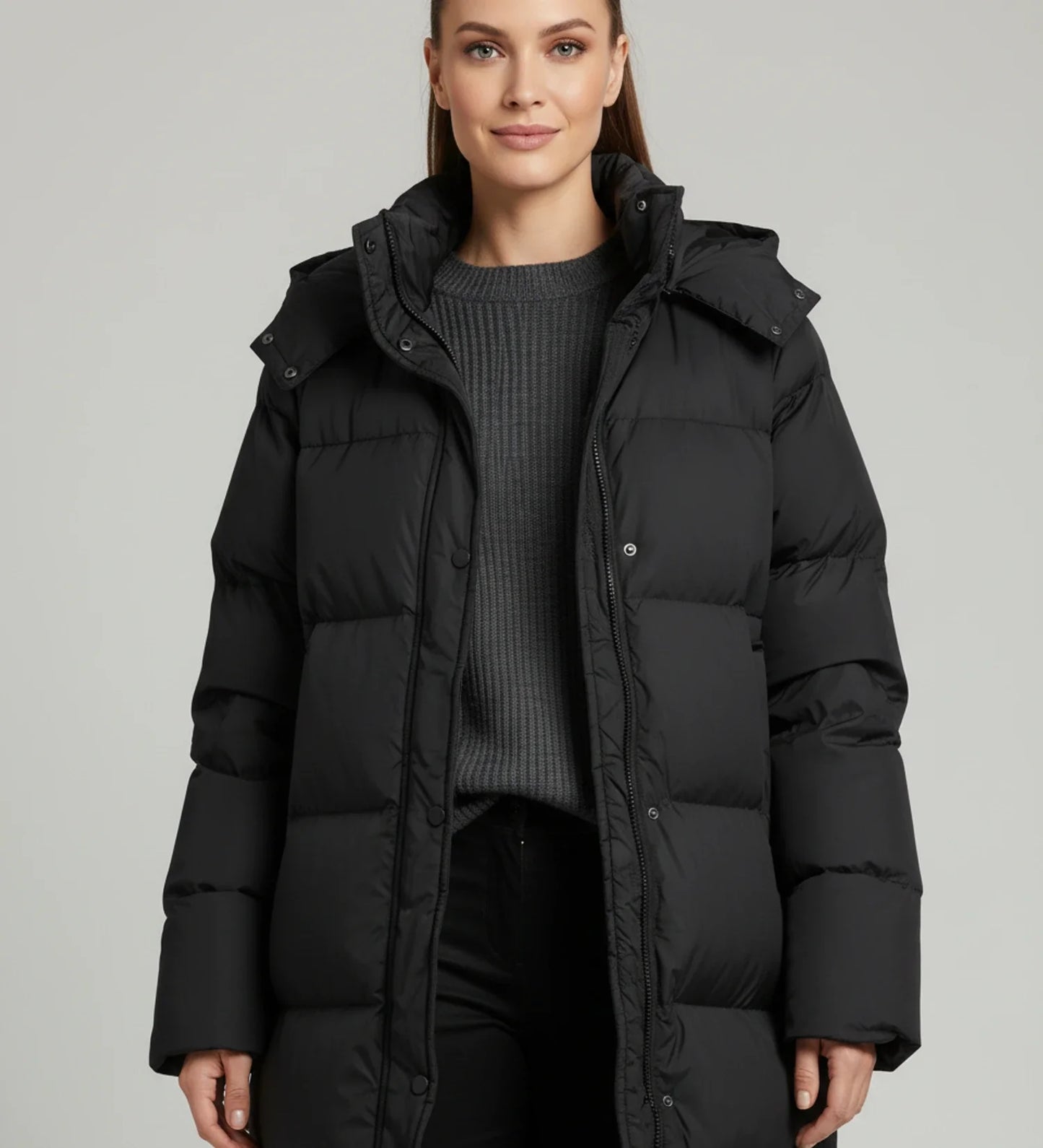 Luvrefashion | Long Hooded Puffer Jacket for in Black - side view
