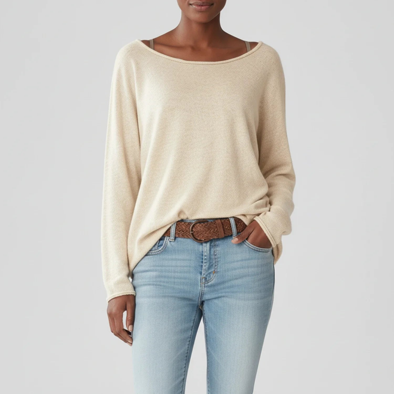 Ladies' Full Sleeve Pullover Sweater in Beige - side view