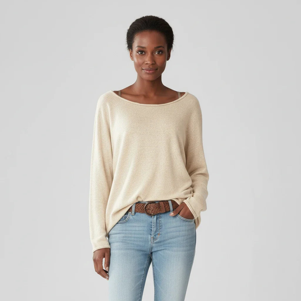 Ladies' Full Sleeve Pullover Sweater in Beige - front view