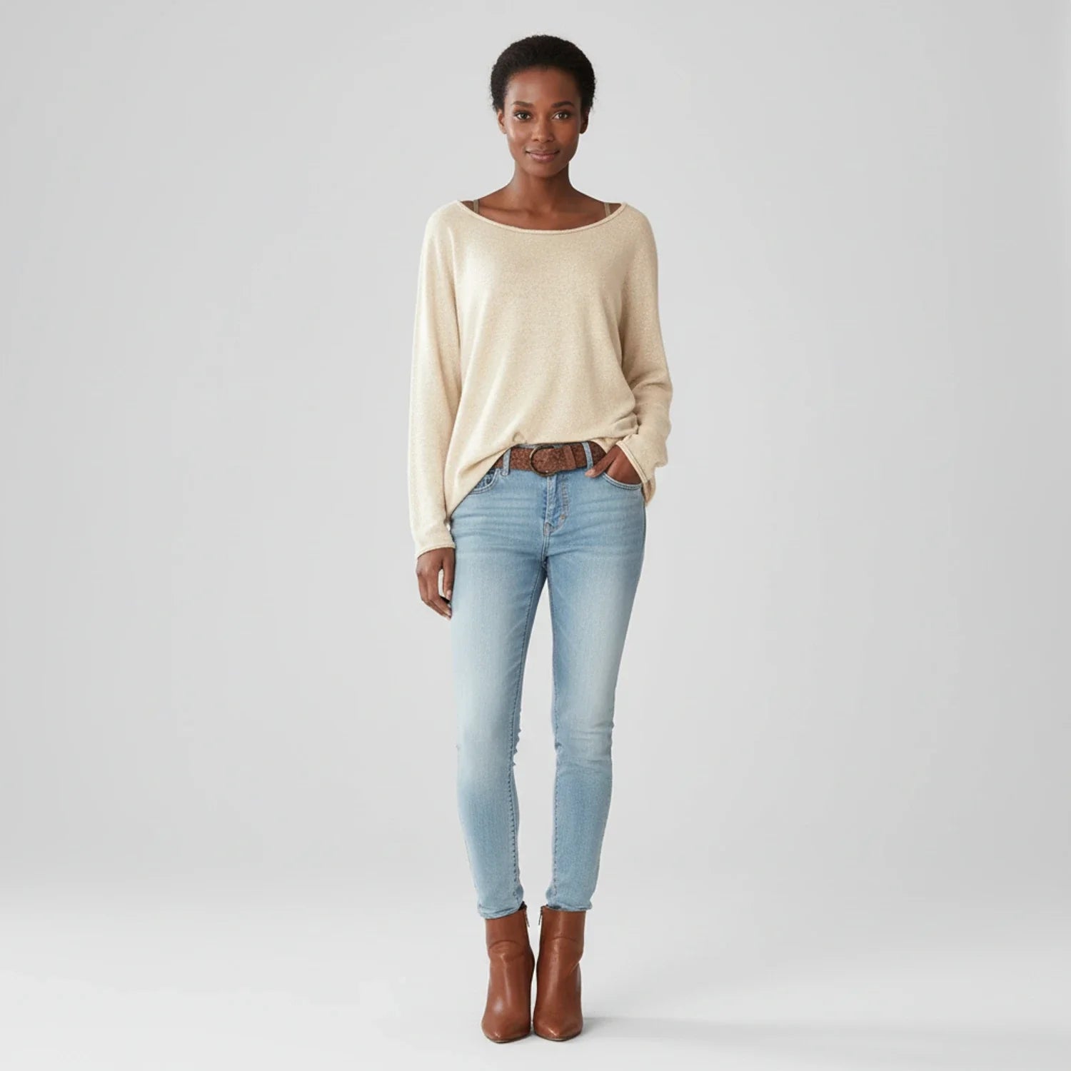 Ladies' Full Sleeve Pullover Sweater in Beige - back view