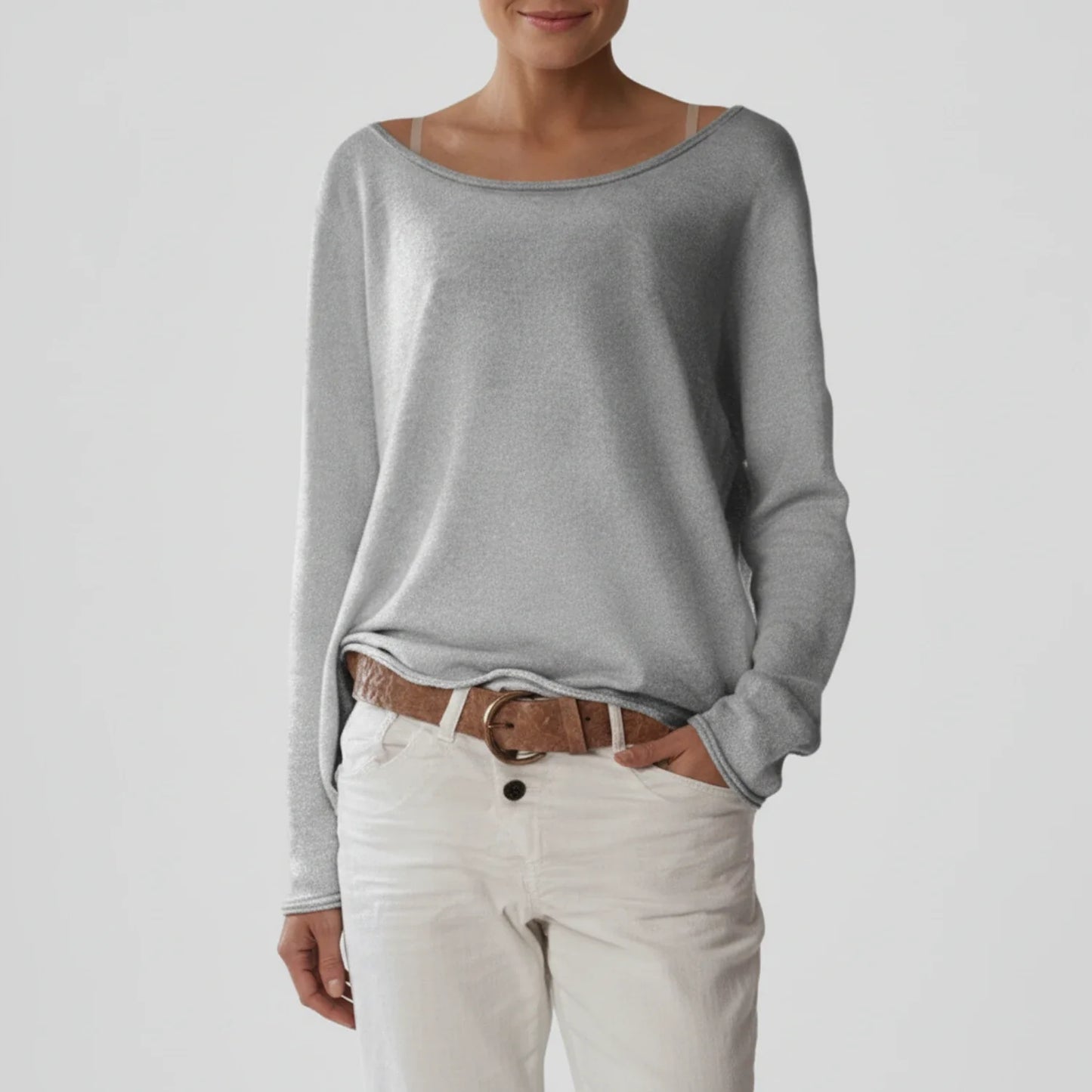 Ladies' Full Sleeve Pullover Sweater in Beige - styled look