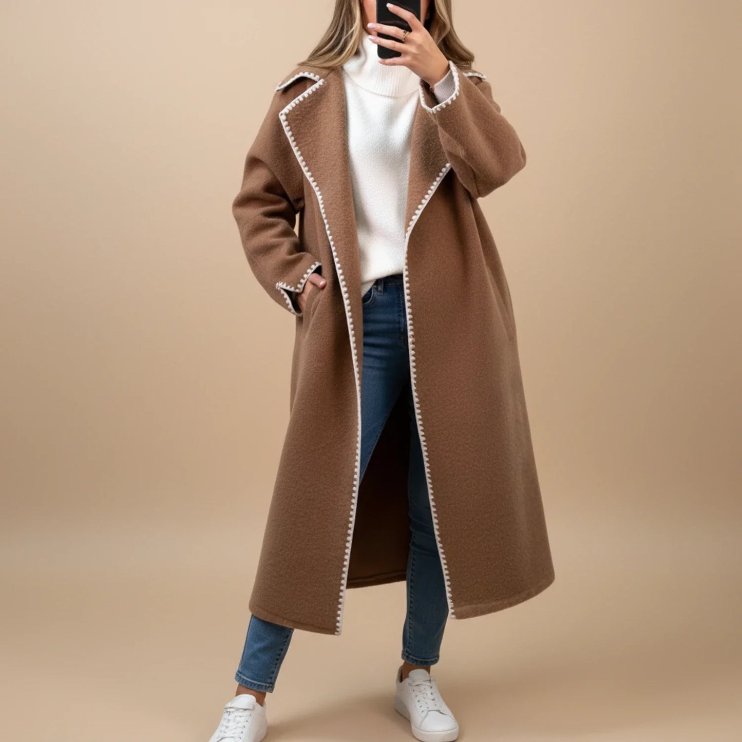 Extended Length Duster Coat in Apricot - styled look