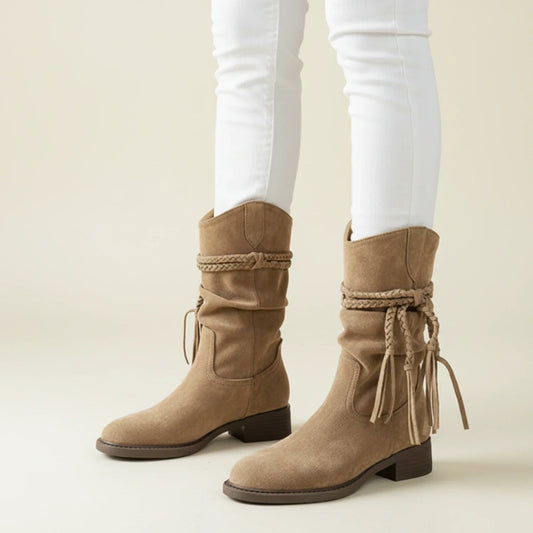Mid Calf Slouch Boots in Suede Style in Brown - front view