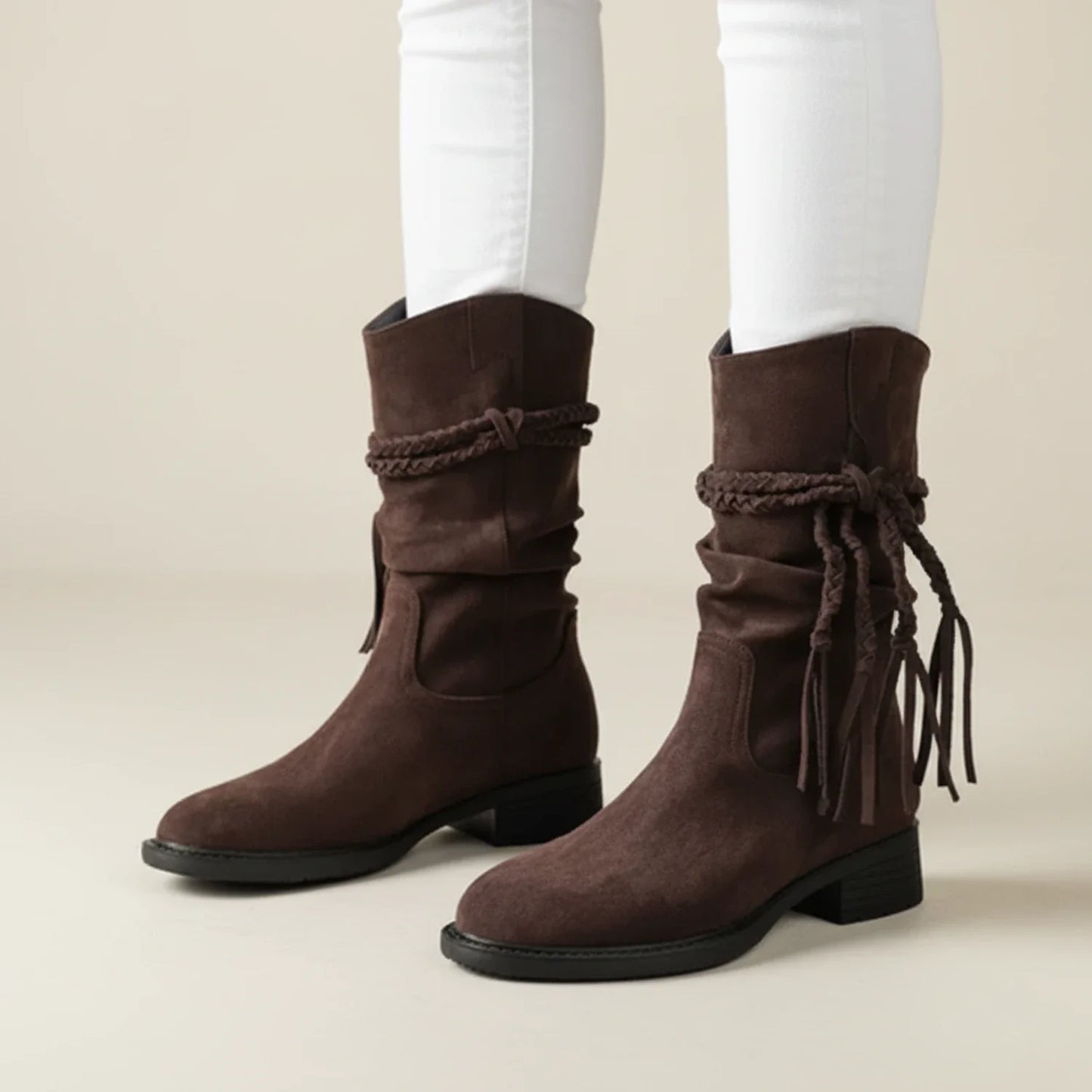 Mid Calf Slouch Boots in Suede Style in Brown - side view