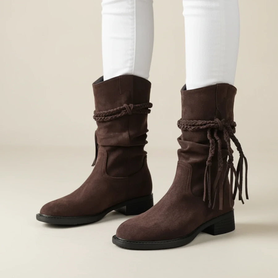 Luvrefashion | Mid Calf Slouch Boots in Suede Style in Brown - side view