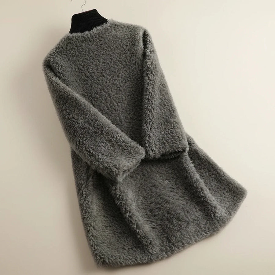 Luvrefashion | Plush Open Front Teddy Winter Jacket in Gray - side view