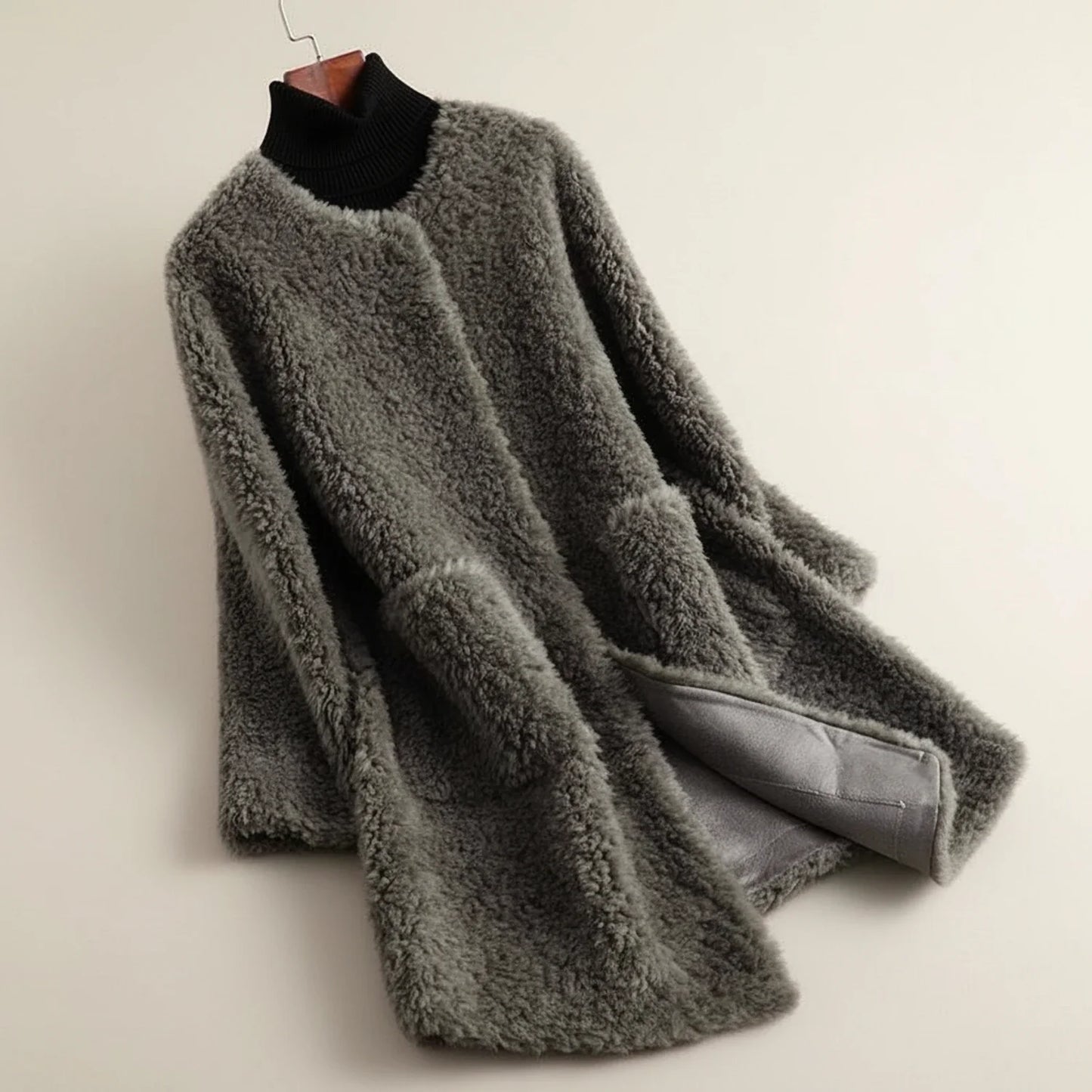 Plush Open Front Teddy Winter Jacket in Gray - front view