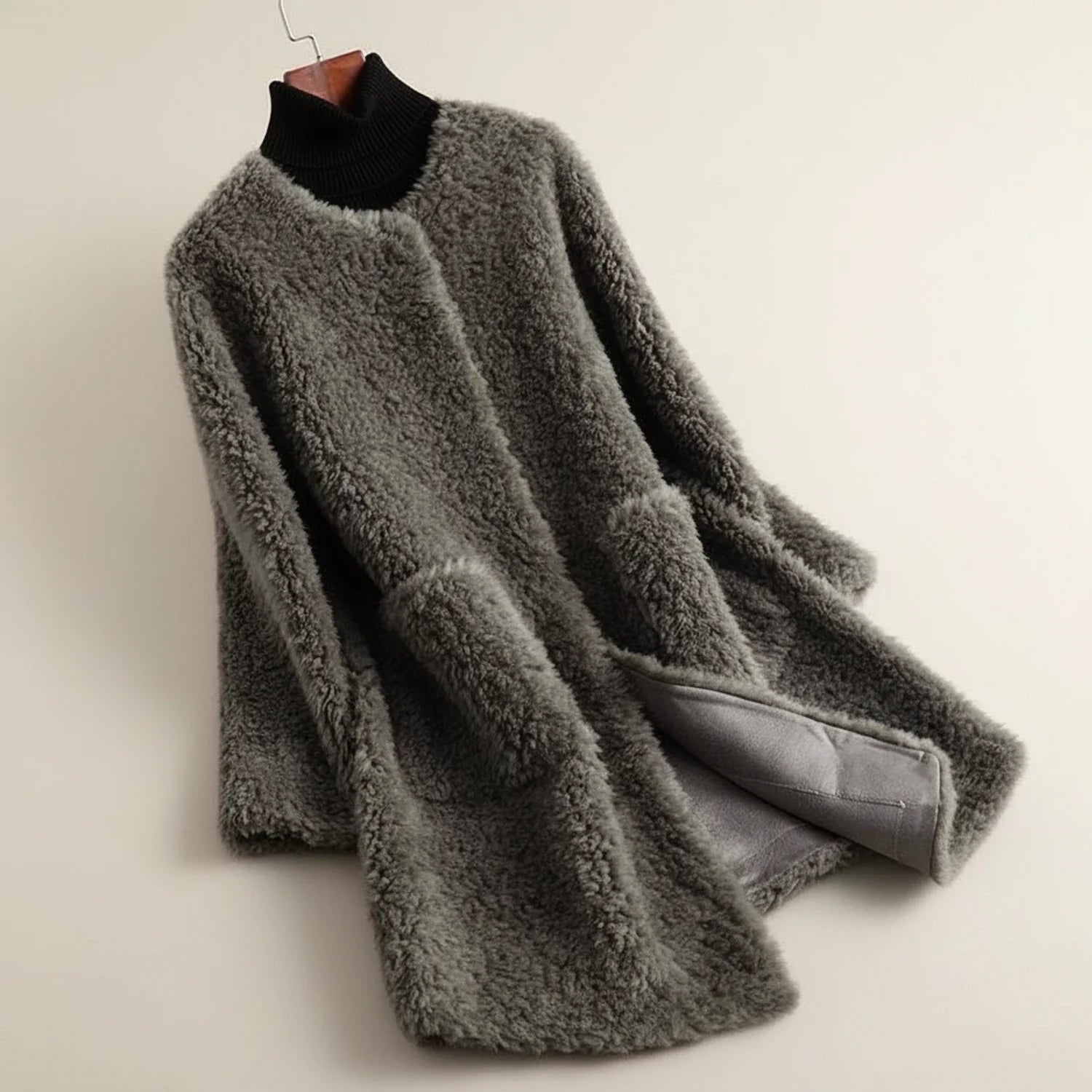 Plush Open Front Teddy Winter Jacket in Gray - front view