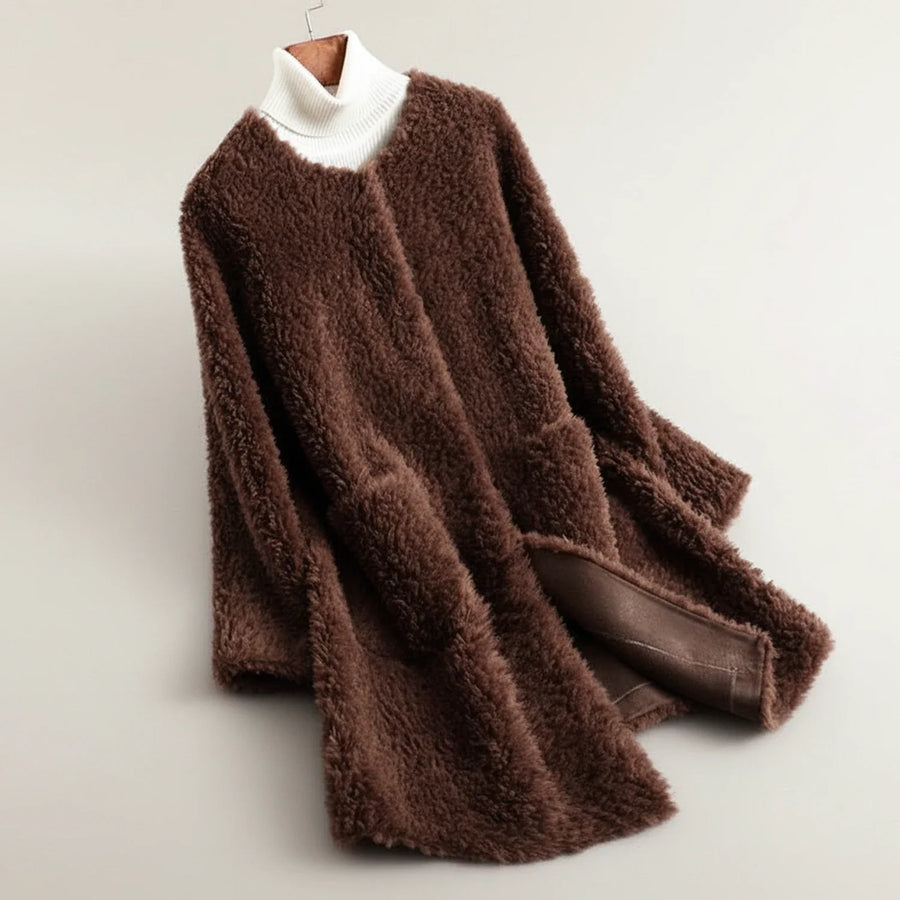 Luvrefashion | Plush Open Front Teddy Winter Jacket in Gray - back view