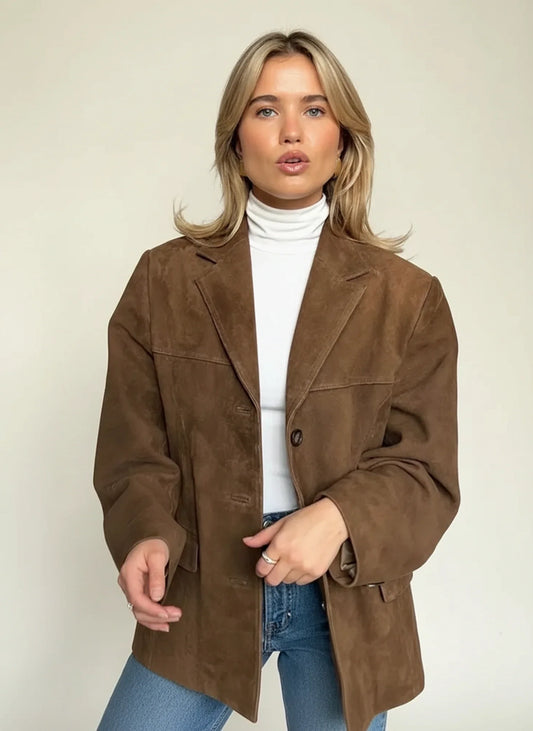 Loose Fit Blazer Jacket in Brown - front view