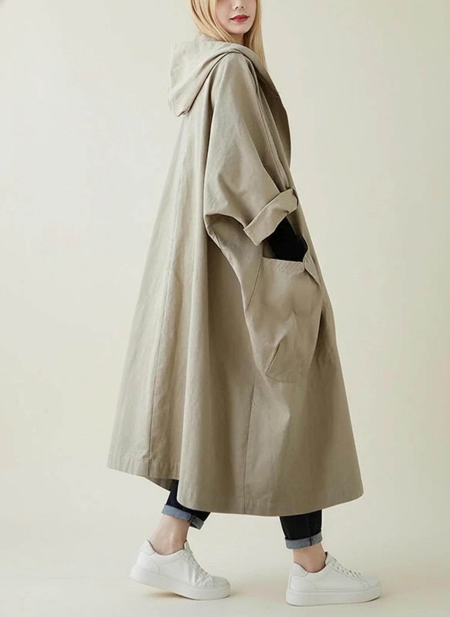 Waterproof Hooded Trench Coat for in Beige - side view