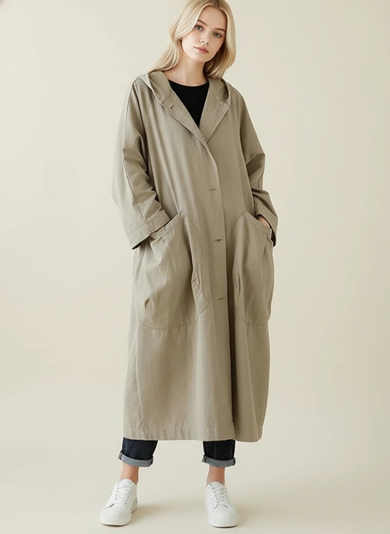 Waterproof Hooded Trench Coat for in Beige - front view