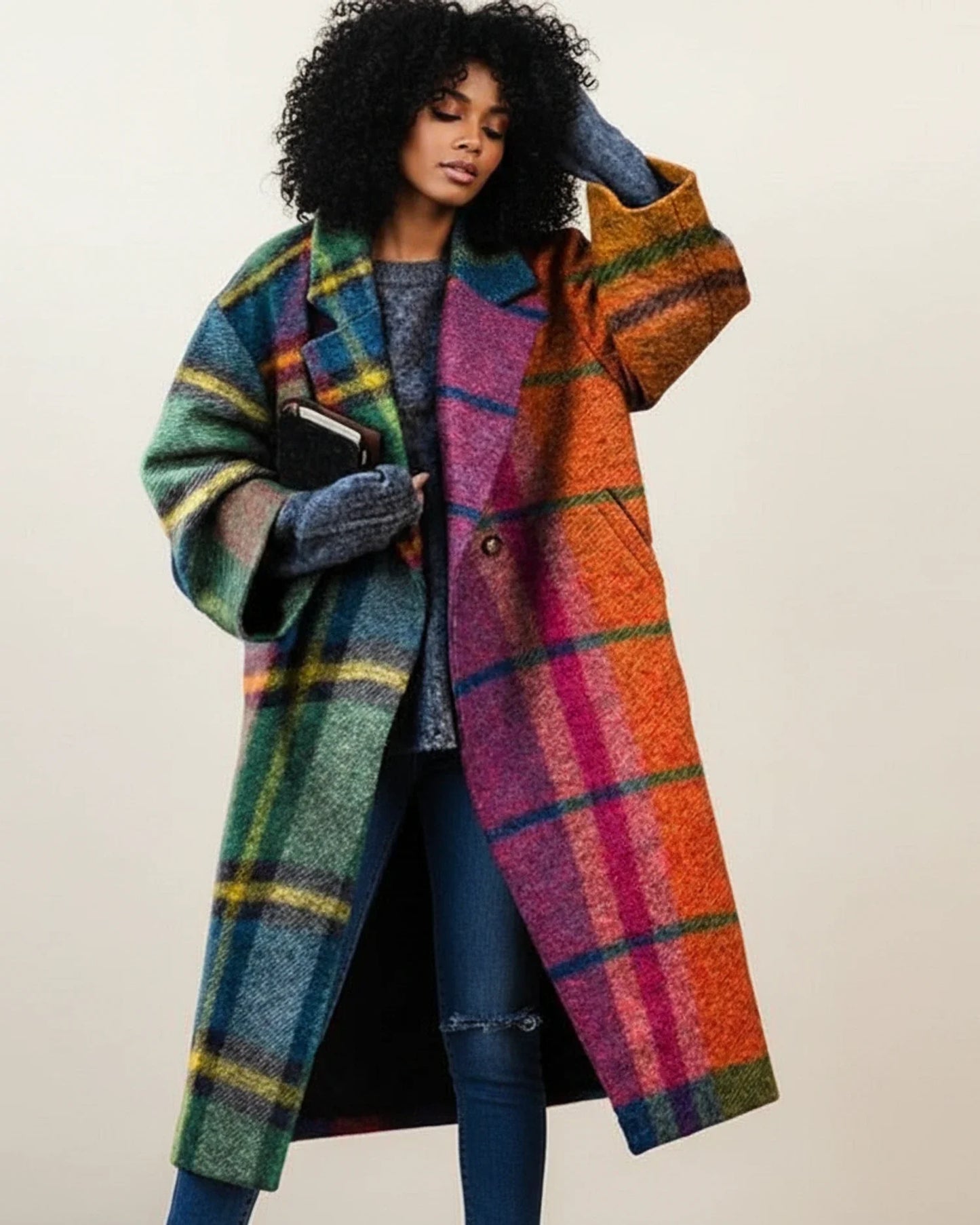 Vibrant Long Winter Coat in Multicolor - front view