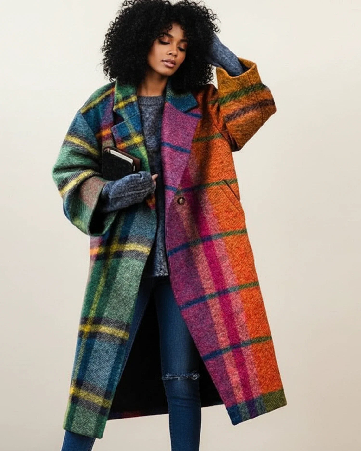 Vibrant Long Winter Coat in Multicolor - front view