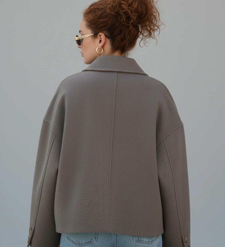 Luvrefashion | Ladies' Cropped Double Breasted Pea Coat in Taupe - detail view