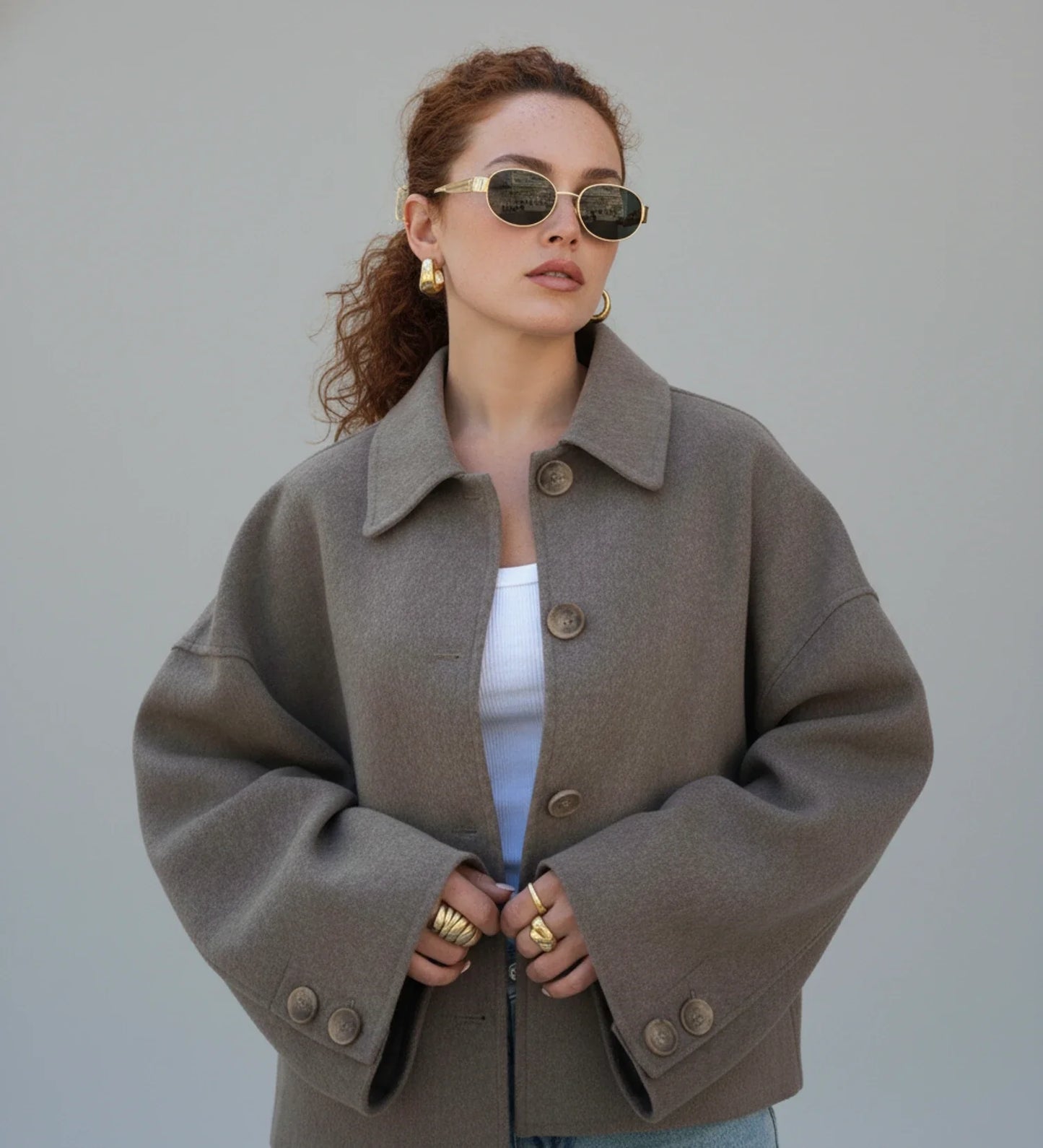 Luvrefashion | Ladies' Cropped Double Breasted Pea Coat in Taupe - front view