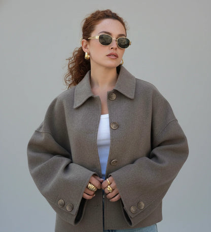 Luvrefashion | Ladies' Cropped Double Breasted Pea Coat in Taupe - front view