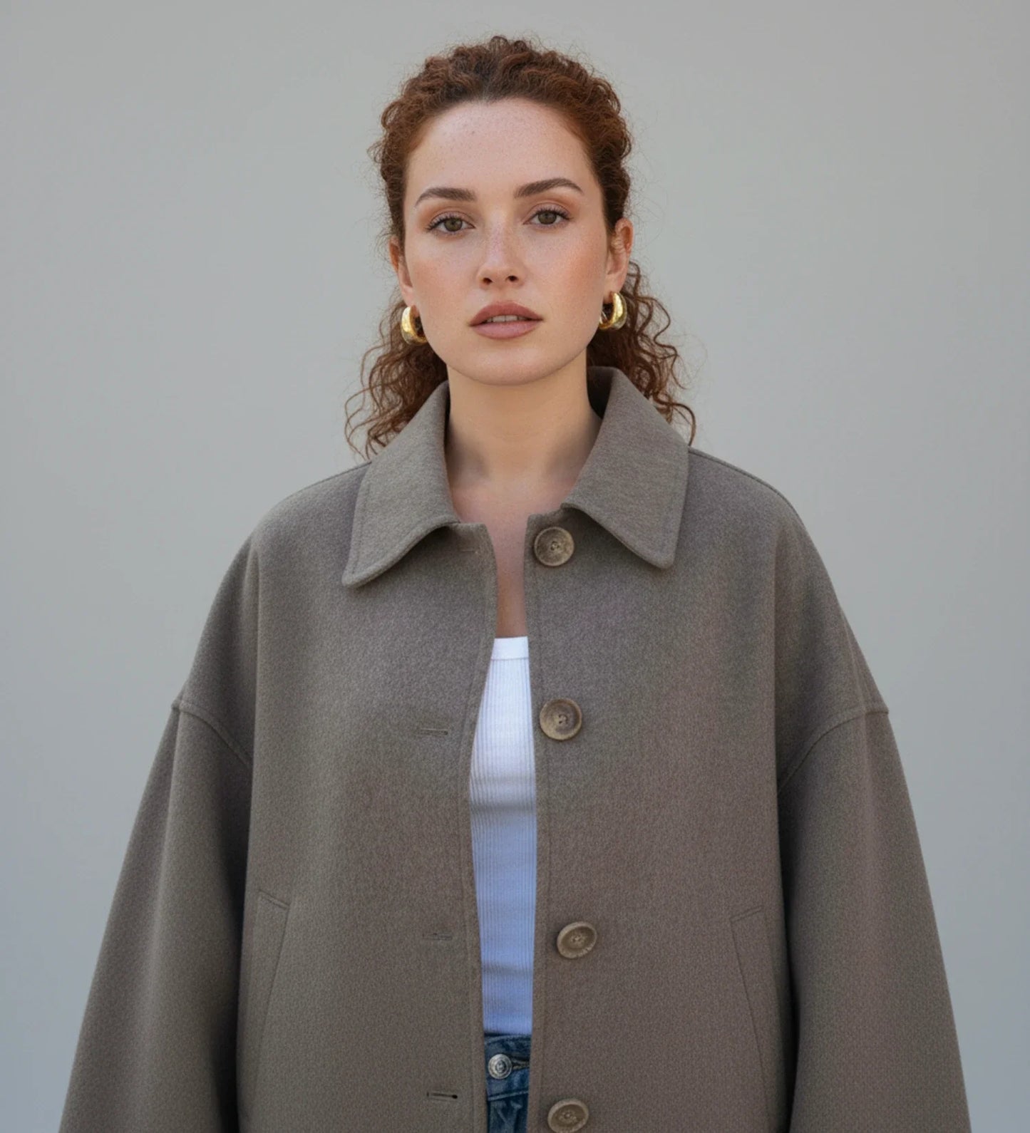 Luvrefashion | Ladies' Cropped Double Breasted Pea Coat in Taupe - side view