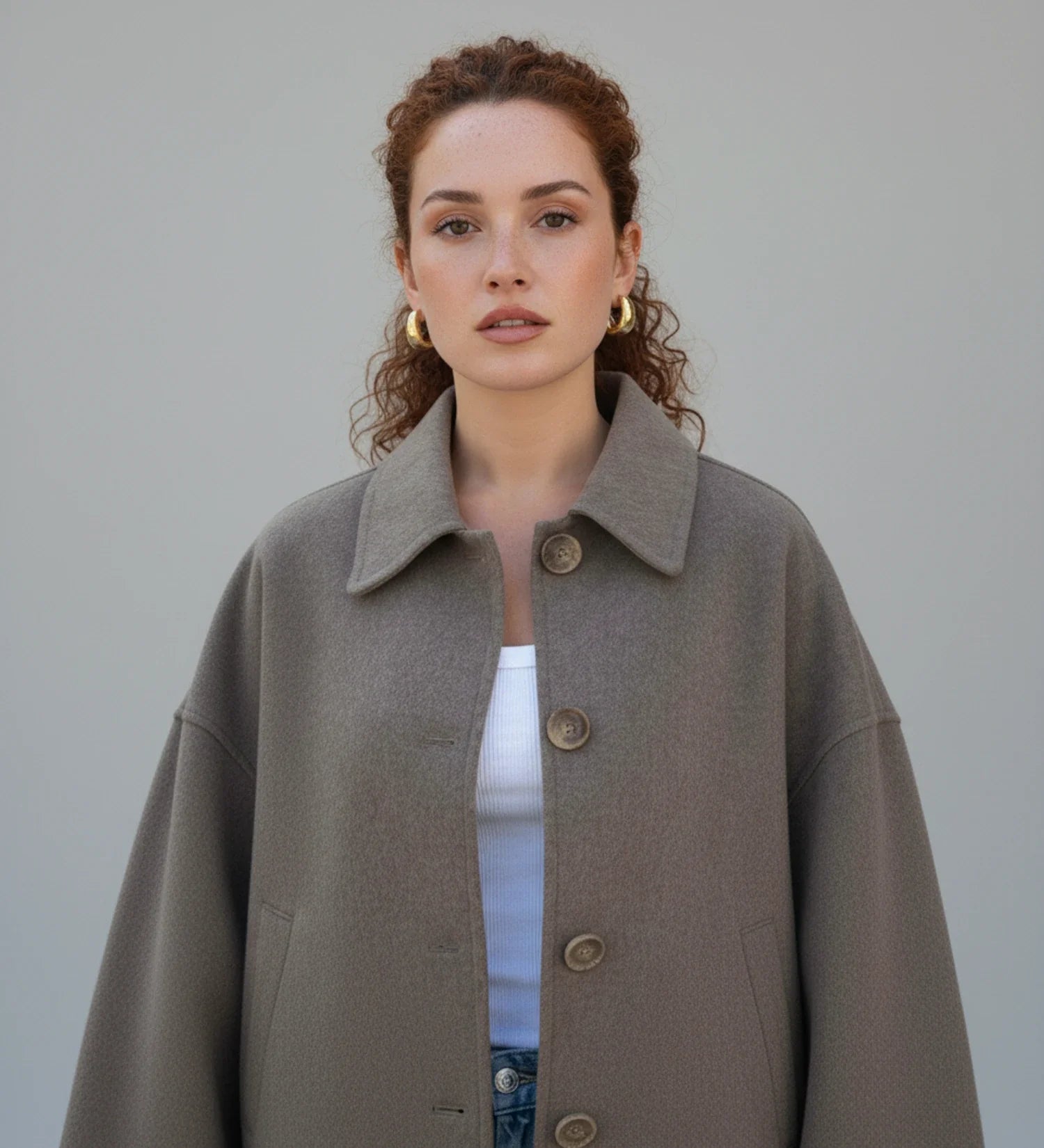 Luvrefashion | Ladies' Cropped Double Breasted Pea Coat in Taupe - side view