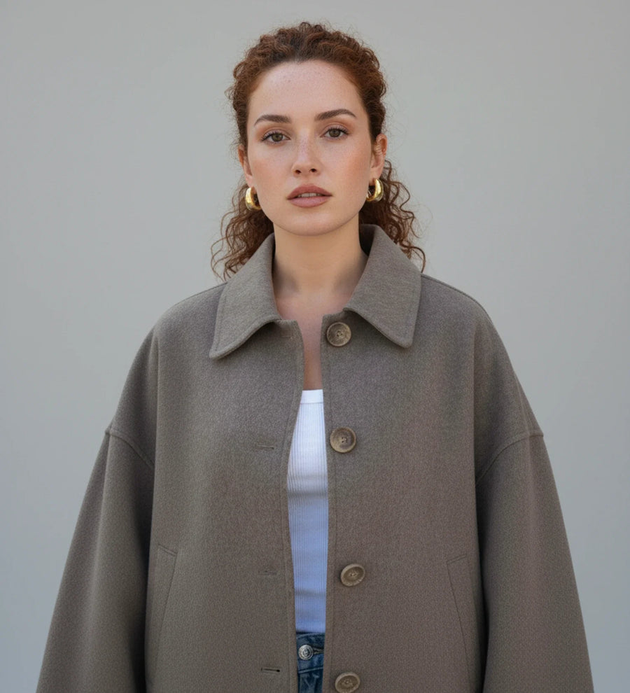 Luvrefashion | Ladies' Cropped Double Breasted Pea Coat in Taupe - side view