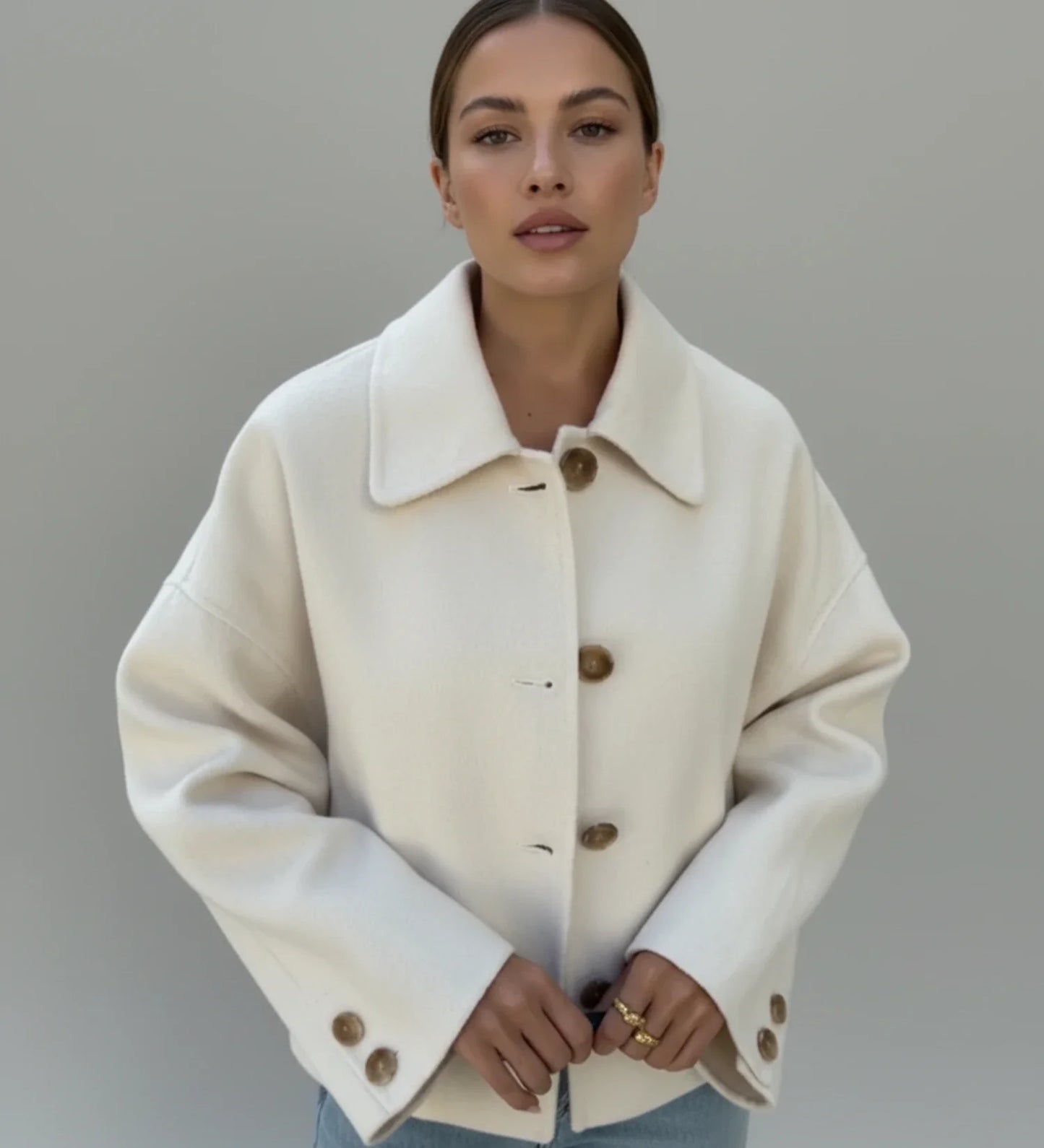 Luvrefashion | Ladies' Cropped Double Breasted Pea Coat in Taupe - image 6
