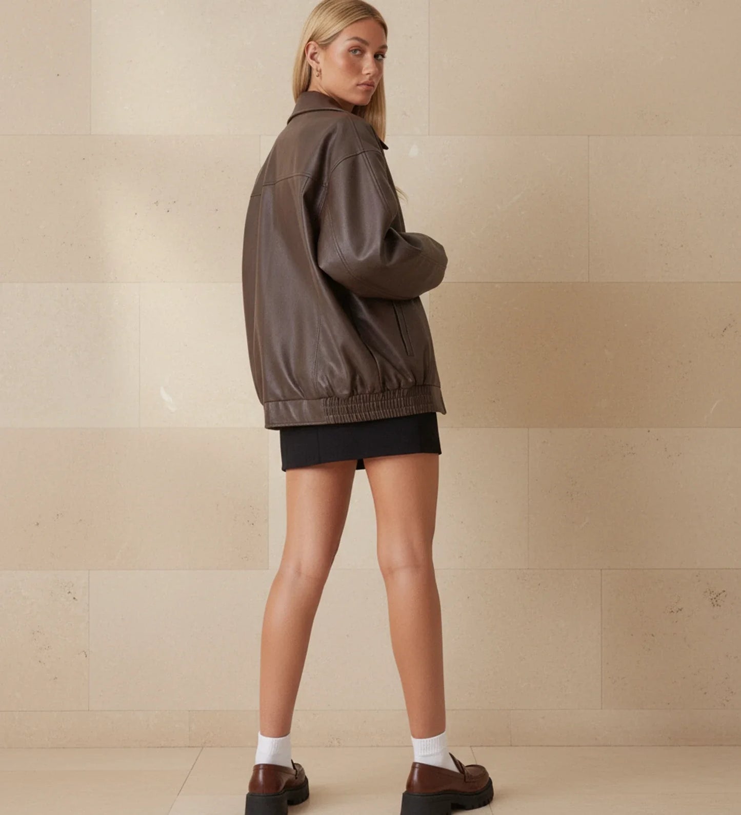 Zip Up Oversized Bomber Jacket in Brown - back view