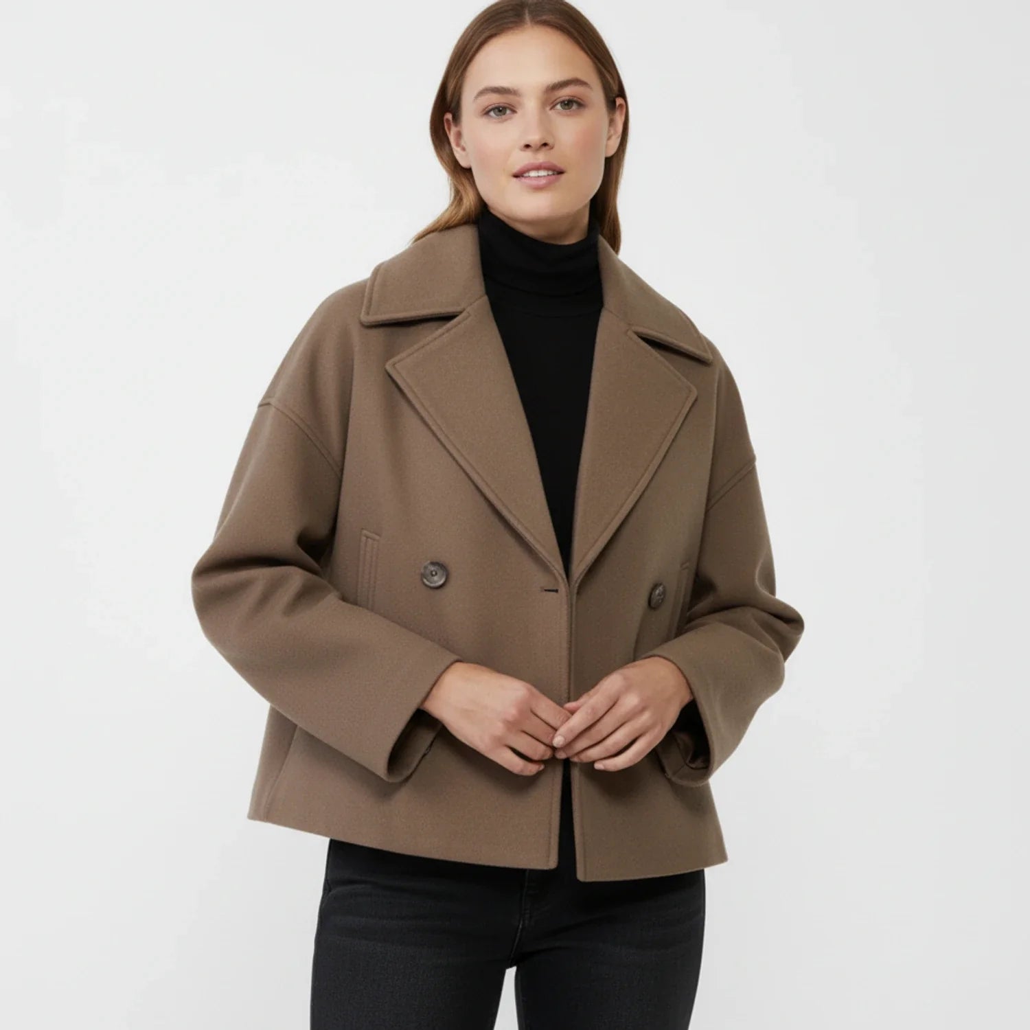 Luvrefashion | Trench Inspired Cropped Peacoat in Beige - image 13