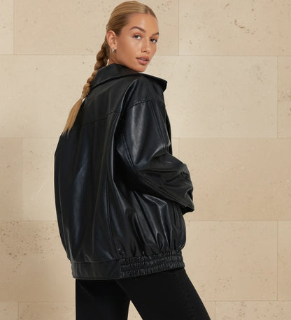 Zip Up Oversized Bomber Jacket in Brown - styled look