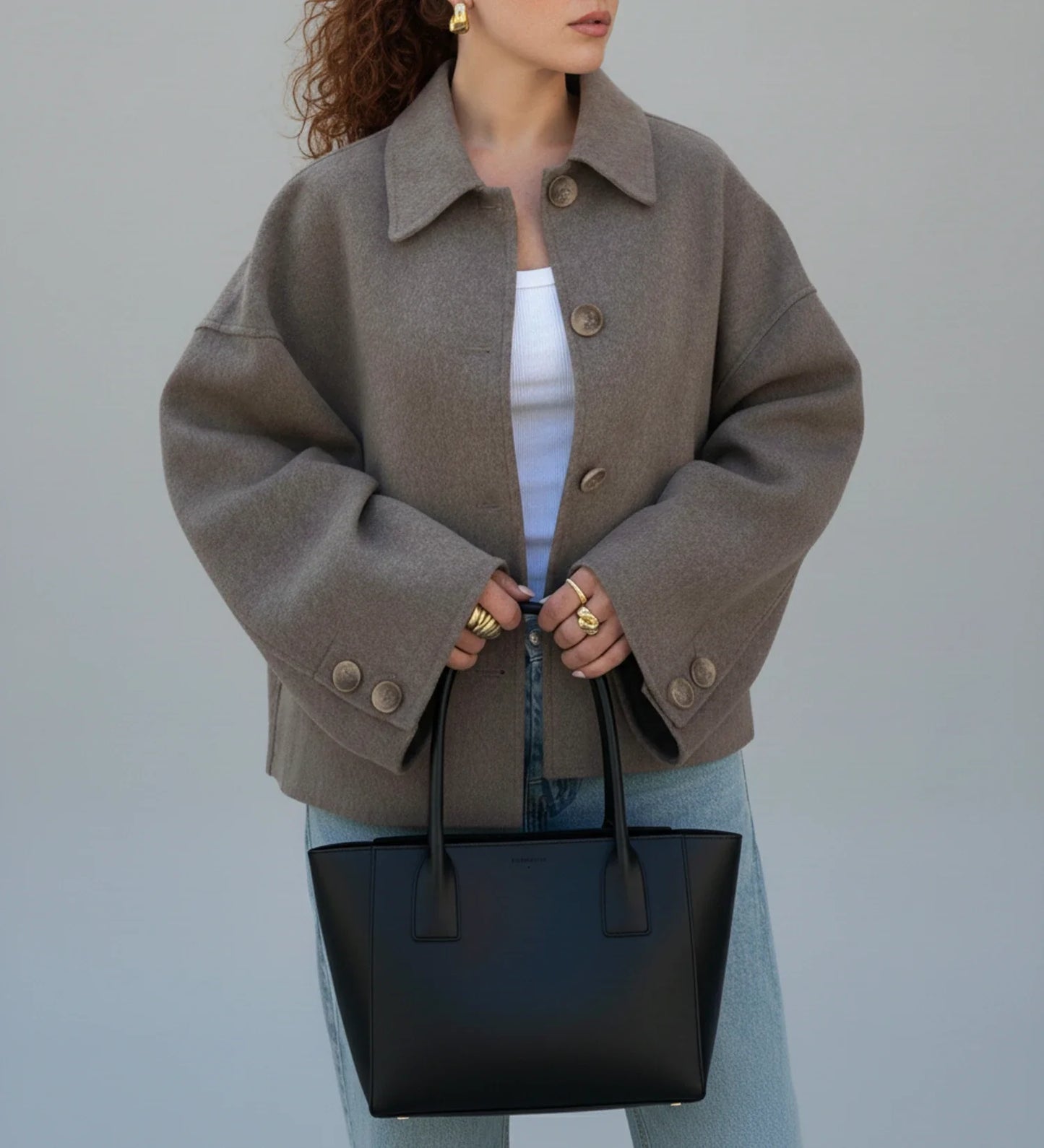 Luvrefashion | Ladies' Cropped Double Breasted Pea Coat in Taupe - styled look
