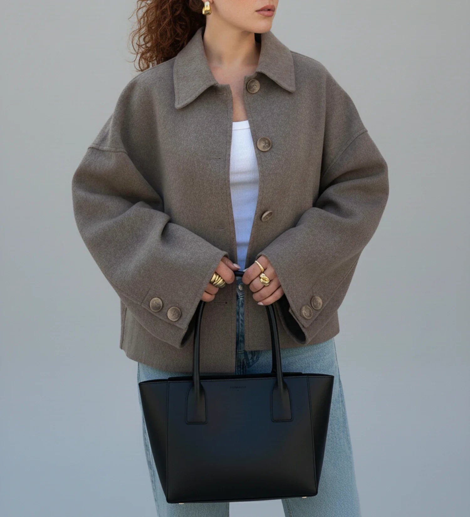 Luvrefashion | Ladies' Cropped Double Breasted Pea Coat in Taupe - styled look