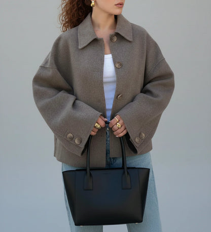Luvrefashion | Ladies' Cropped Double Breasted Pea Coat in Taupe - styled look