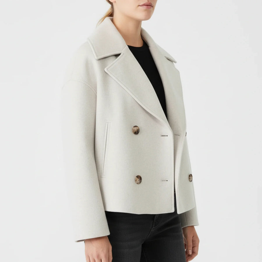Luvrefashion | Trench Inspired Cropped Peacoat in Beige - back view