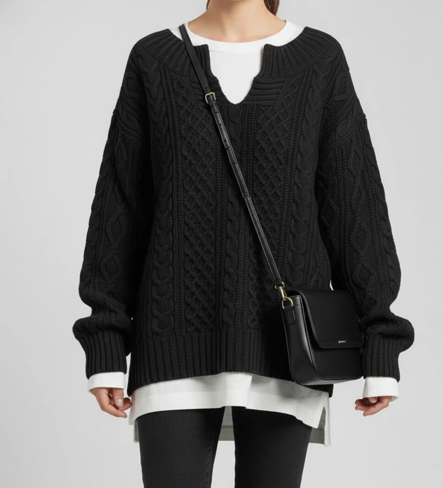 V Neck Cable Knit Sweater for Oversized Fit in White - image 8