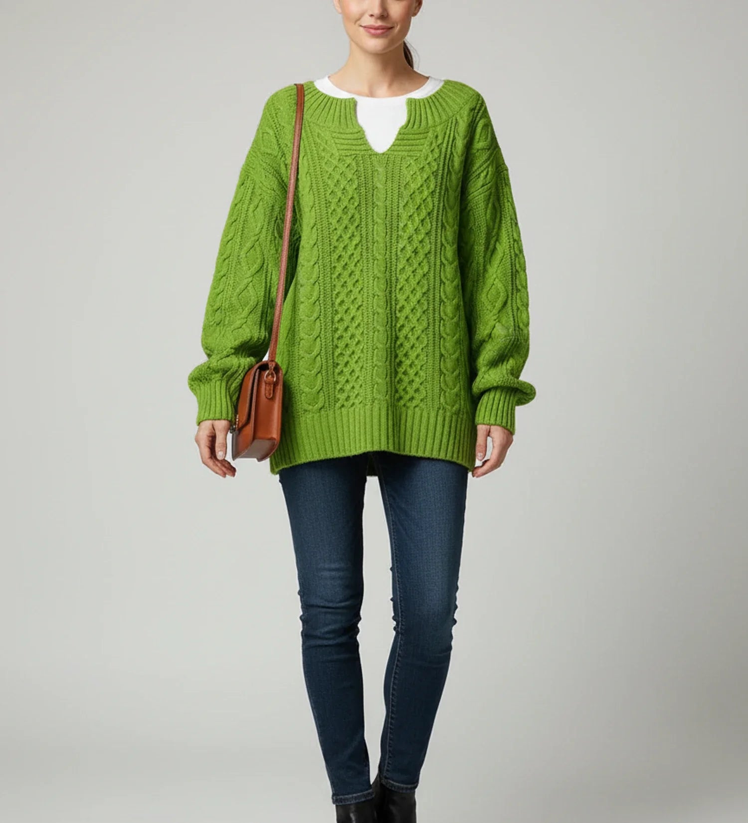 V Neck Cable Knit Sweater for Oversized Fit in White - image 11