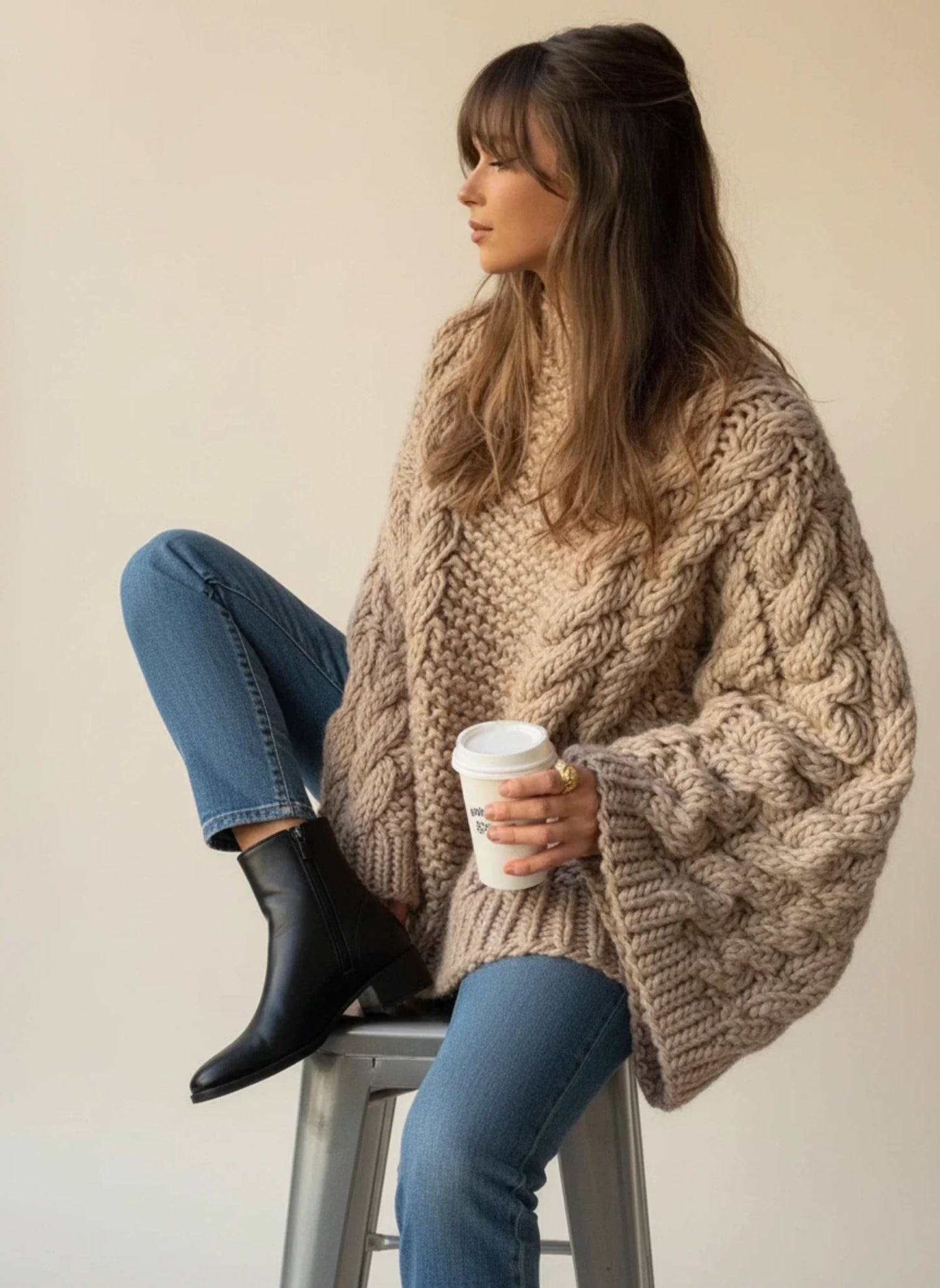 Cozy Oversized Knit Sweater for in Khaki - front view