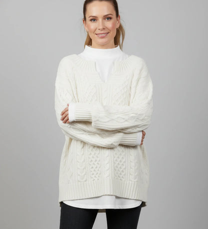 V Neck Cable Knit Sweater for Oversized Fit in White - front view