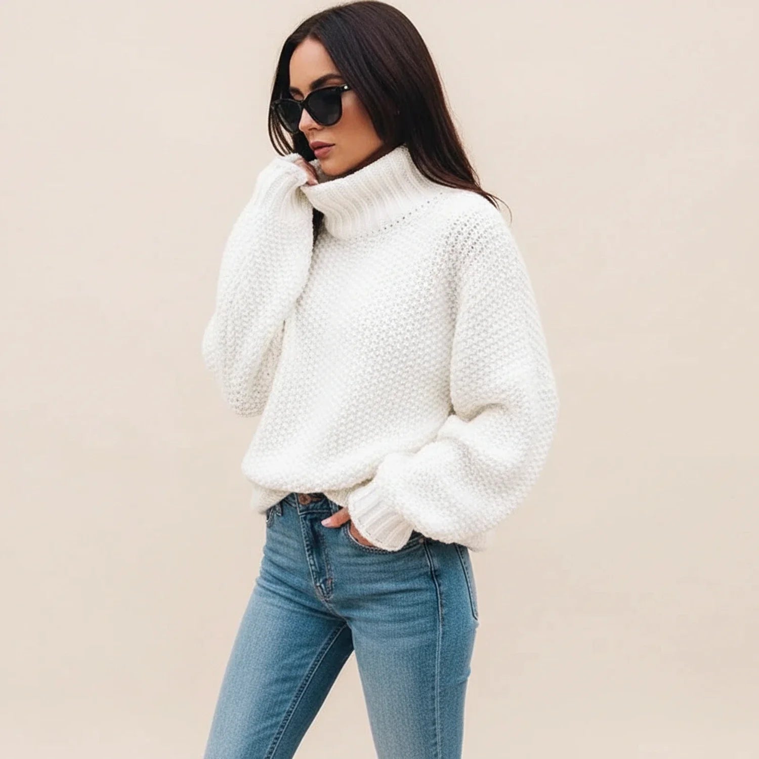 Chunky Knit Turtleneck Sweater for in White - front view