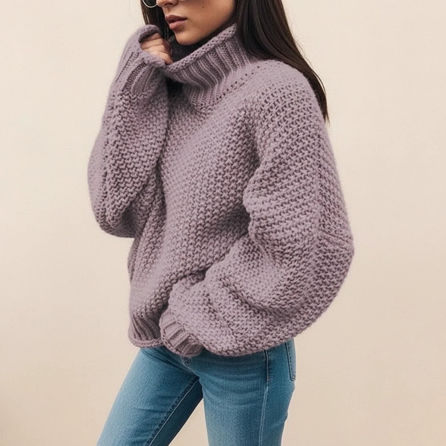Luvrefashion | Chunky Knit Turtleneck Sweater for in White - detail view