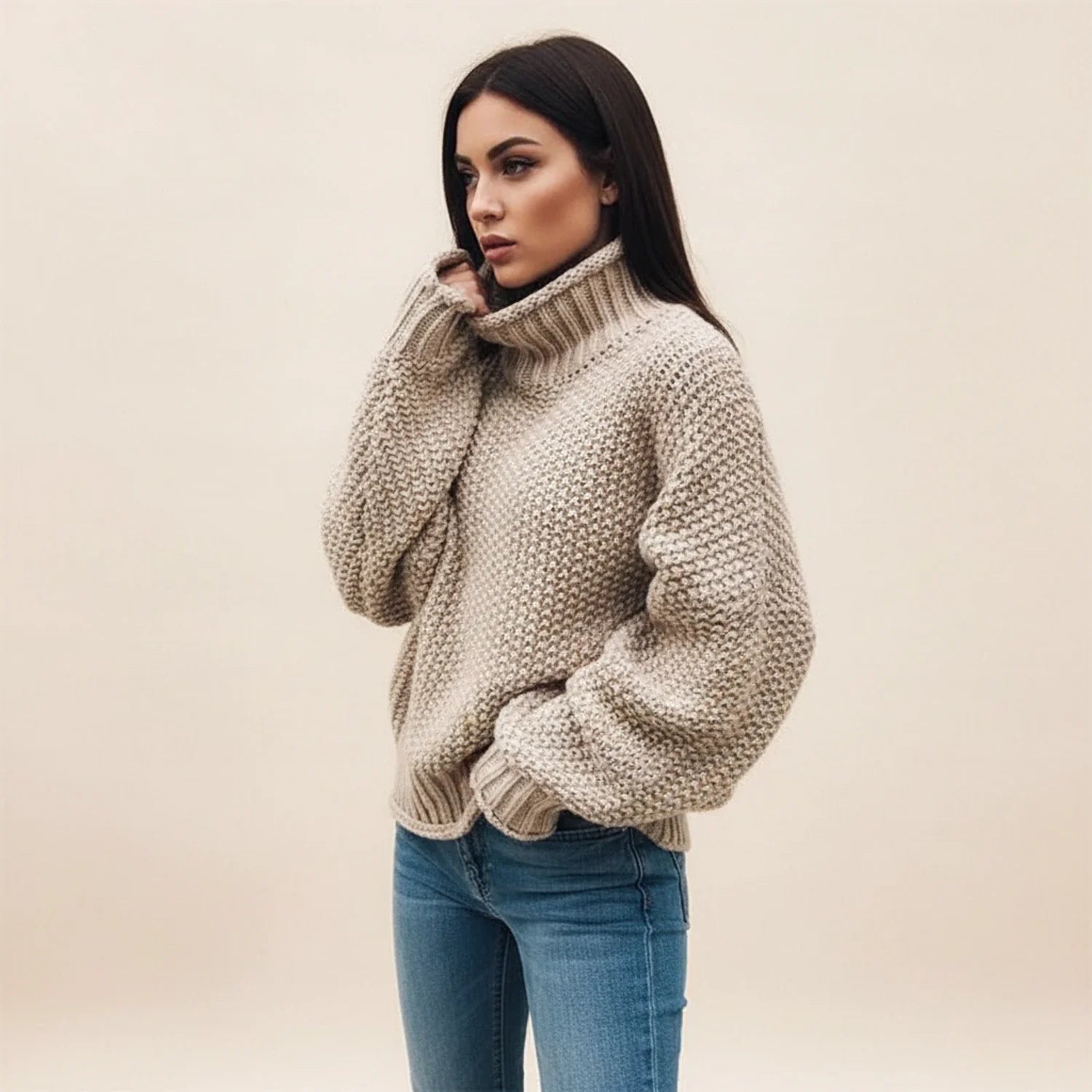 Luvrefashion | Chunky Knit Turtleneck Sweater for in White - side view